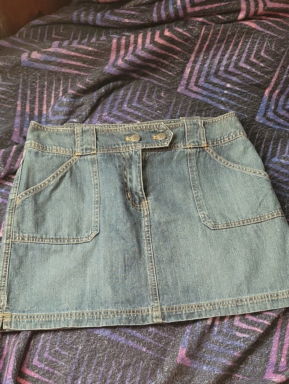 New York & Company Denim Skirt in Blue with Contrast Stitching